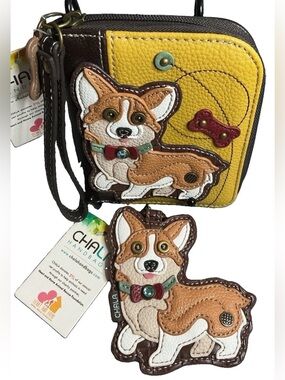 Chala Yellow & Brown Corgi Wristlet Wallet with Corgi Charm